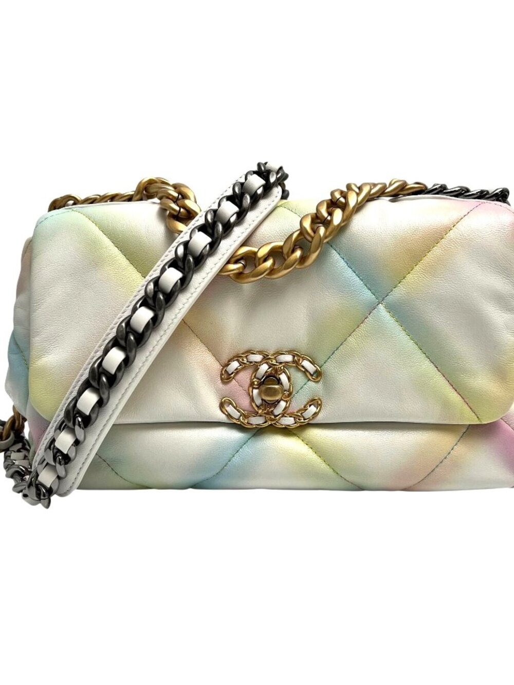 CHANEL19 Goatskin Quilted Leather Ivory & Rainbow Pastel Mixed Metal Flap Bag